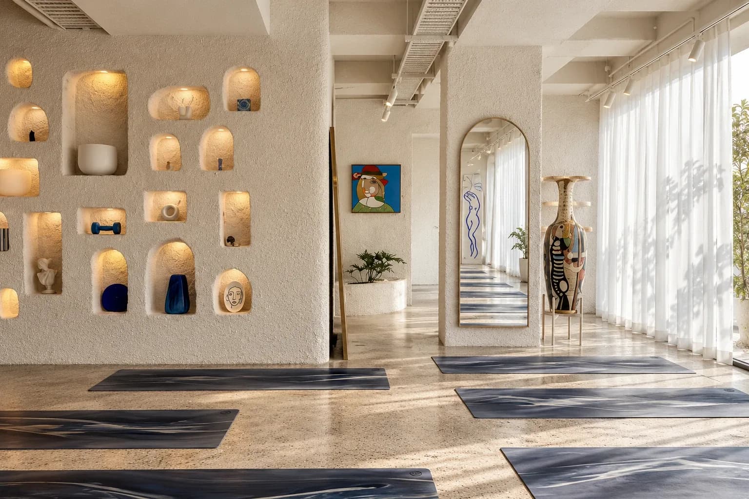 Een zonovergoten studio met marineblauwe matten, een gestructureerde wand met verlichte nissen vol keramiek, een boogspiegel en vitrages