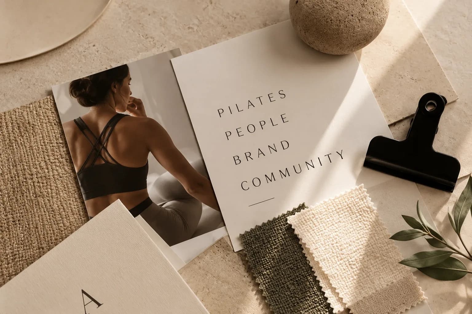 Een moodboard voor een Pilates-studiomerk met de woorden Pilates, People, Brand, Community, een foto, stofstalen en steentexturen